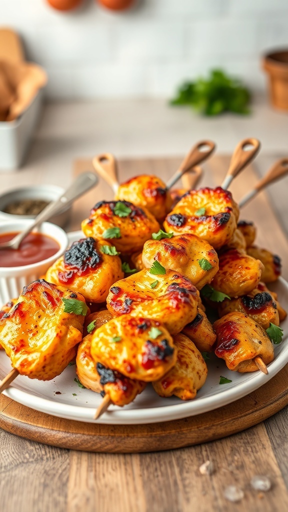 Golden-brown air fryer chicken skewers garnished with herbs and served with dipping sauce.